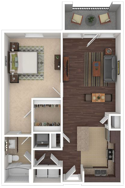 Floor plan for 1 bed, 1 bath, 745 sqft